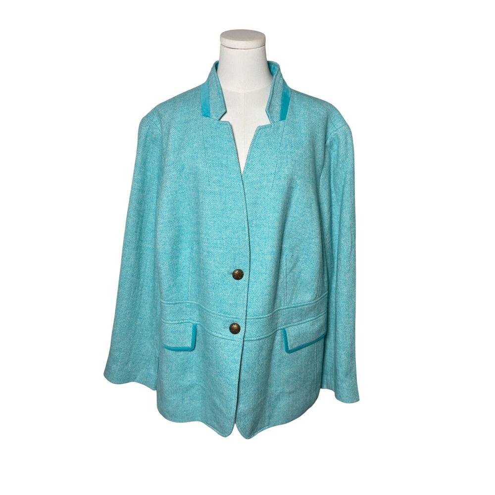 Talbots Aqua Wool Herringbone Blazer Faux Suede Trim Preppy Plus Size 24W